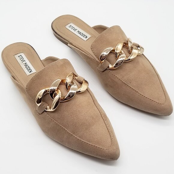 Steve Madden Finely Tan Beige Pointed Toe Gold Chunky Chain Slip On Mules  9.5 - Picture 14 of 15